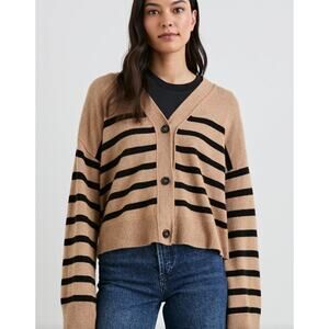 Rails Geneva Camel Black Stripe V Neck Button Up Cardigan Sweater XS Long sleeve